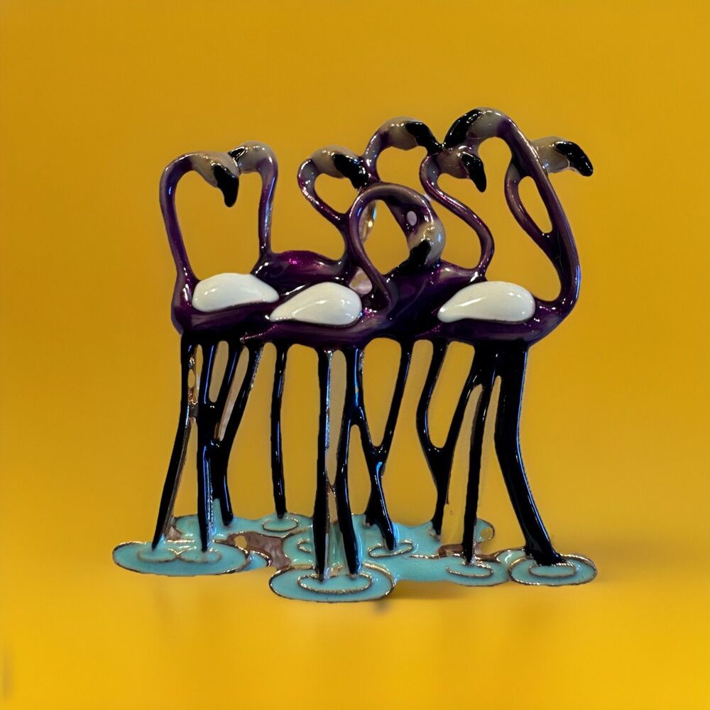 Vintage Purple Enamel Flamingo Flock Brooch Gold Tone Costume Jewelry Pin